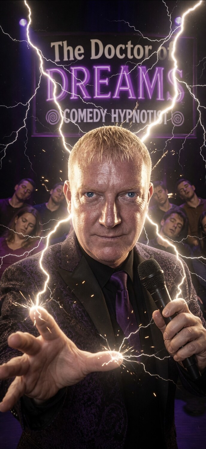 Chris Lee, the Master of Trance and international comedy stage hypnotist, on stage as lightning bolts illuminate him