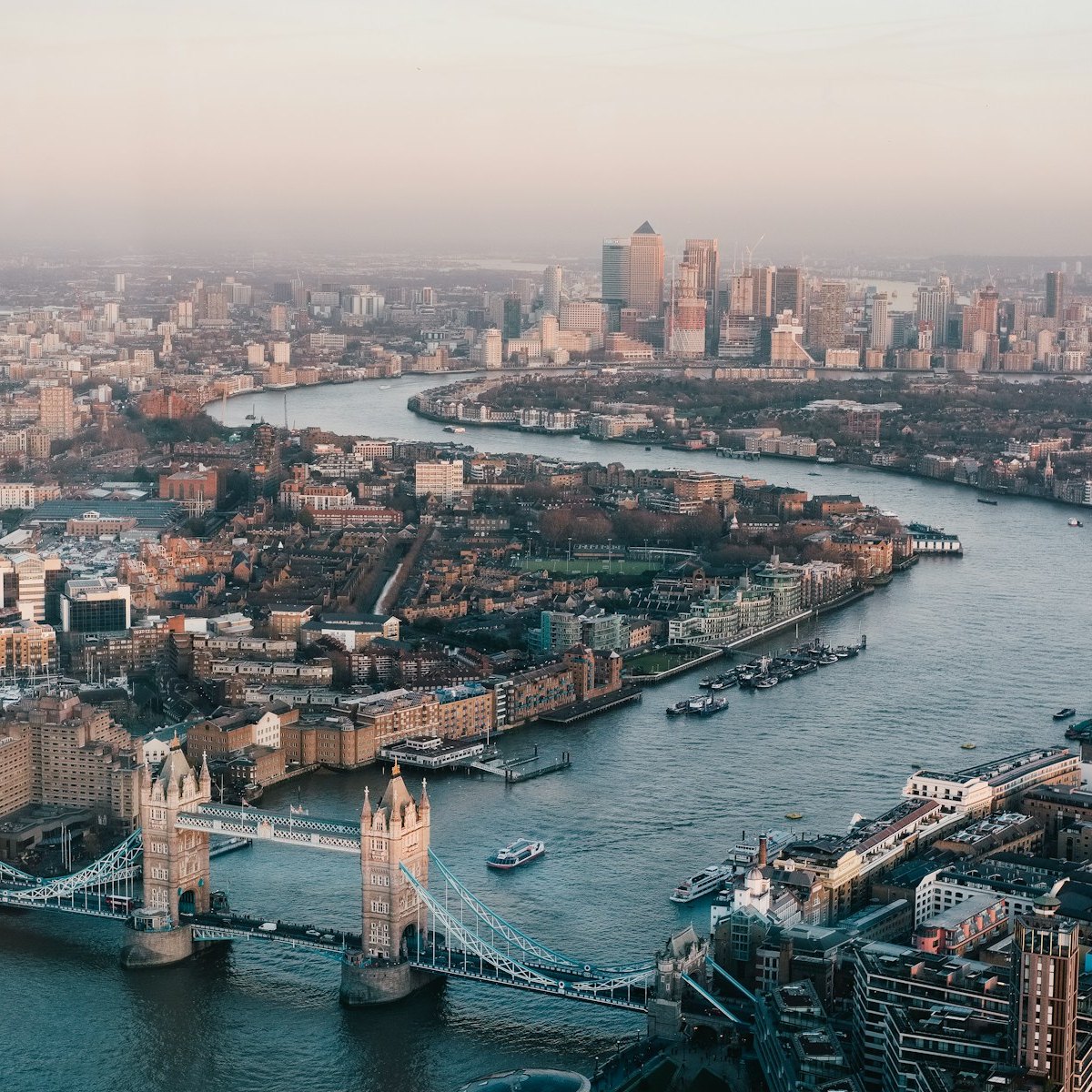 Aerial view of London, Tower Bridge and the Thames